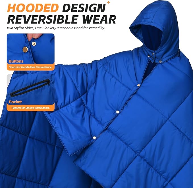 Puffy Camping Blanket with Detachable Hooded Snap-Poncho Waterproof Double-Sided Printed Reversible for Travel, Hike Cold Weather, Navy