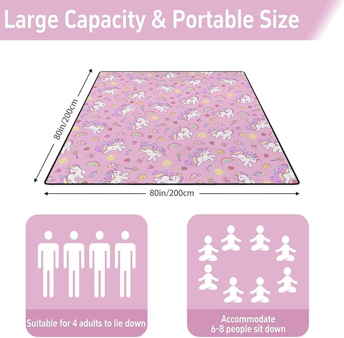 Extra Large Picnic Outdoor Blanket 80''x80'' Pink Unicorn Waterproof and Sandproof Picnic Mat for Beach Foldable Camping Accessories for Grass Lawn Park