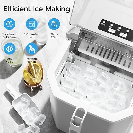 ZAFRO Countertop Ice Maker, 26.5Lbs/24H, 9 Bullet Cubes in 6 Mins, Self-Cleaning Portable Ice Machine with 2 Ice Sizes (S/L), Quiet Compact Design, Double Handles, for Home, Party, RV, Camping, White