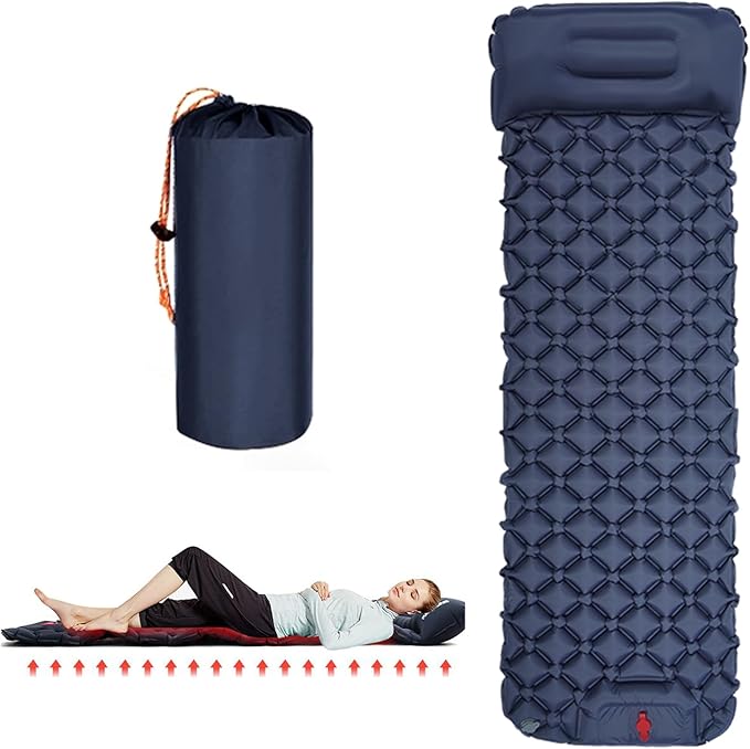 Sleeping Pad for Camping- Ultralight Inflatable Sleeping Mat with Built-in Foot Pump & Pillow, Upgraded Compact Camping Air Mattress for Camping, Backpacking, Hiking (Dark Blue)
