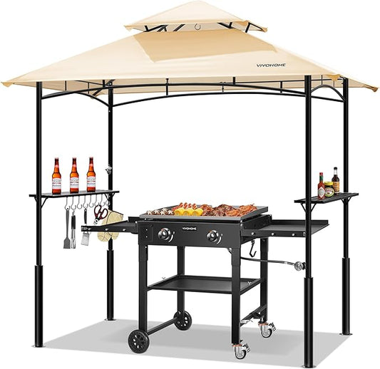 VIVOHOME Grill Gazebo Outdoor BBQ Patio Canopy Tent with Double Tiered Vented Top & 2 Side Shelves, Beige