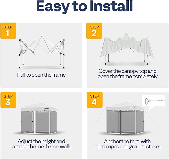 VIVOHOME 10x10ft Easy Pop-Up Canopy, Outdoor Screen Tent with Mosquito Netting, 2 Zipper Doors, and Roller Bag for Yard Camping Picnic Party Events, White