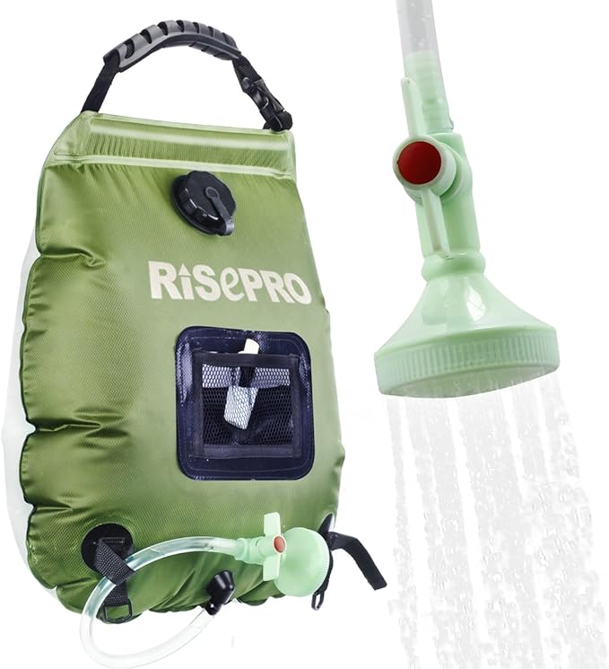 Solar Shower Bag, RISEPRO 5 gallons/20L Solar Heating Premium Camping Shower Bag Hot Water with Temperature 45°C Removable Hose on/Off Switchable Shower Head Hiking Climbing Summer Shower K8