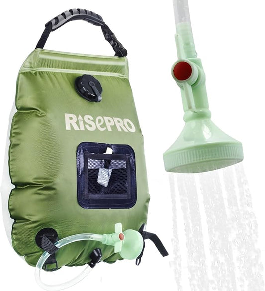 Solar Shower Bag, RISEPRO 5 gallons/20L Solar Heating Premium Camping Shower Bag Hot Water with Temperature 45°C Removable Hose on/Off Switchable Shower Head Hiking Climbing Summer Shower K8
