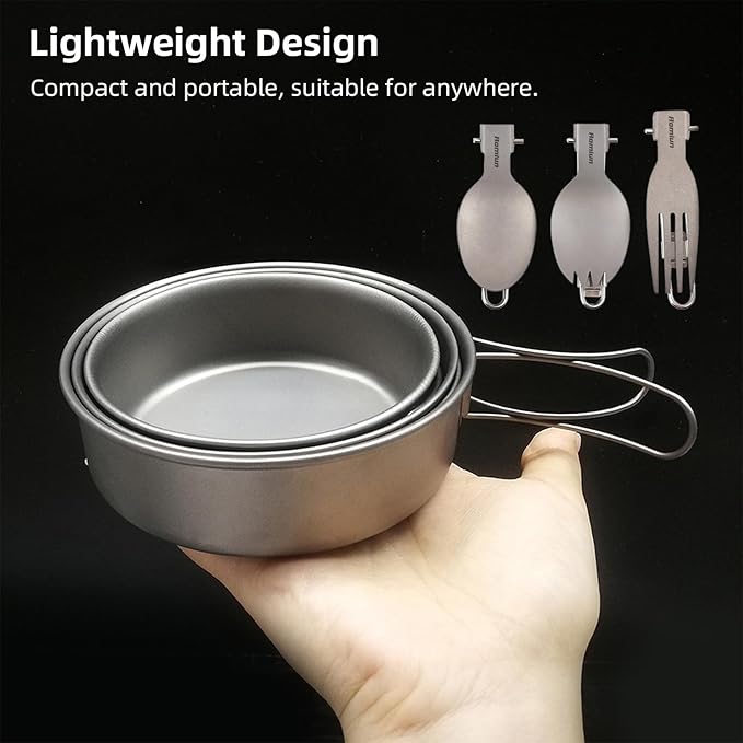 Titanium Camping Bowls and Utensils Set, Lightweight Portable Titanium Plates with Folding Handle & Forks Spoons Travel Cutlery Dinnerware for Outdoor Camping Backpacking Hiking Picnic