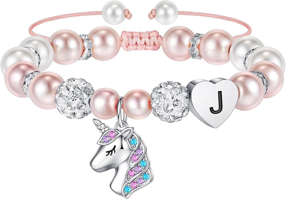 Hidepoo Unicorn Bracelet Gifts for Girls - Adjustable Pink Pearl and Rhinestone Balls Heart Initial Unicorn Bracelets Jewelry CZ Unicorn Bracelet Birthday Gifts for Girls