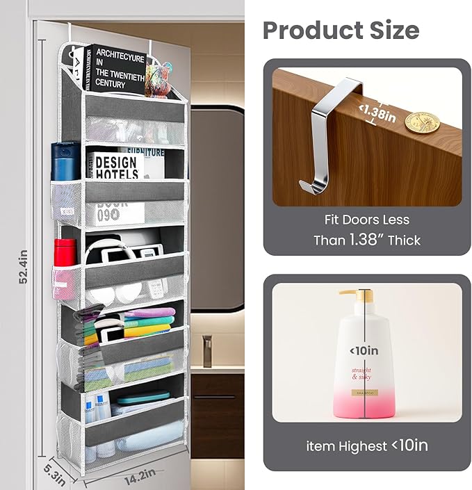 Over The Door Organizer with 8 Side Mesh Pockets, 44lb Weight Capacity Hanging Behind The Door Bathroom Organizers and Storage Suitable for Storing Toys, Shoes, Towels, Dark Grey, 5 Shelf