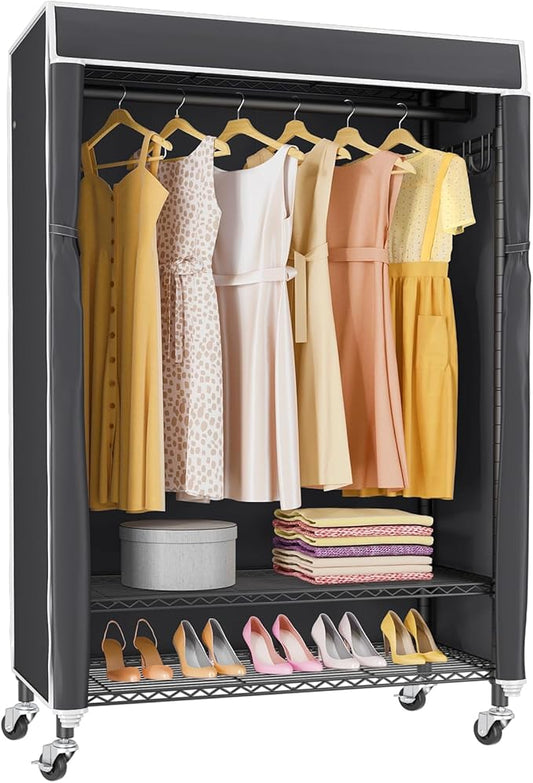 VIPEK R3C Rolling Clothes Rack with Cover Portable Closet for Hanging Clothes, Heavy Duty Garment Rack Freestanding Clothing Racks with Wheels& Hanging Rod, Black Closet Racks with Black Cover