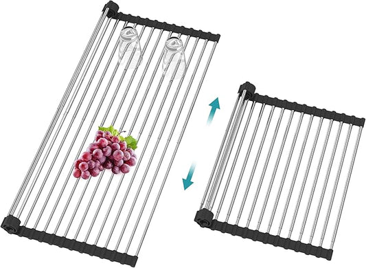 BBXTYLY Extra Expandable Roll Up Dish Drying Rack,Over The Sink Drying Rack Sink Cover Kitchen Sink Accessories Kitchen Rolling up Stainless Steel Drainer, Foldable,Rollable（Black，22.8''-12.4''）