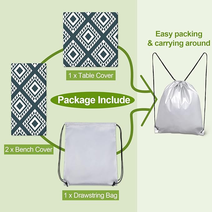 Picnic Table Cover with Bench Covers Camping Essentials Waterproof Windproof Camping Tablecloth with Drawstring Bag, Fitted Rectangle Tables and Seats, 72in, Blue Green Plaid