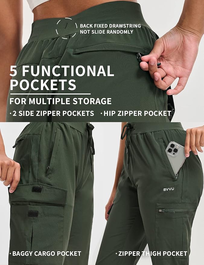 BVVU Women's Hiking Pants Lightweight Quick Dry Travel Outdoor Pants Waterproof Work Cargo Joggers with Zipper Pockets