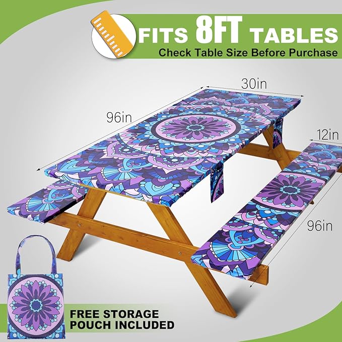 Picnic Table Cover with Bench Covers Vinyl Elastic Edges Fitted Rectangle Tables Seat Waterproof 3-Piece 96X30in Set Outdoor Rectangular Folding Backing Tablecloth Camping Over Size Mandala