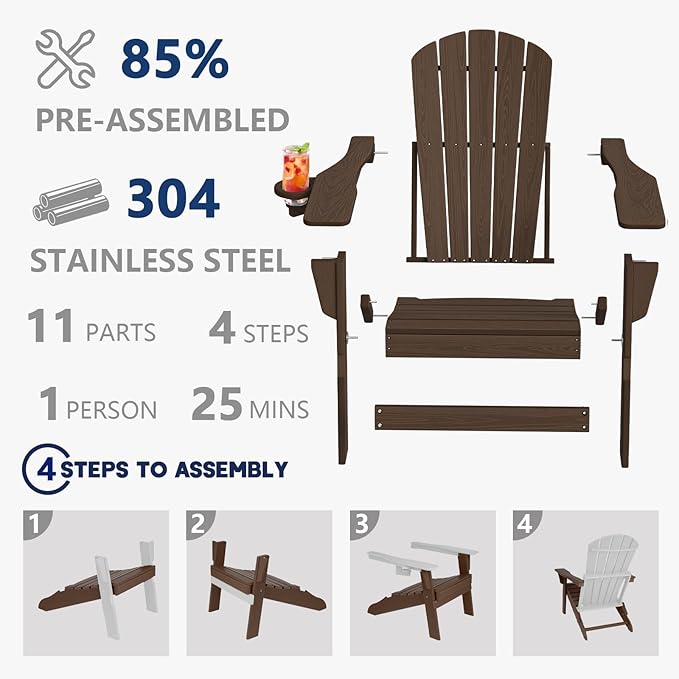 Folding Adirondack Chair Set of 4, Cup Holder，Wooden Textured ，Heavy All-Weather HDPE Comfortable Set Poolside Backyard Lawn Coffee