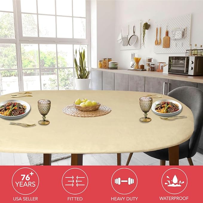 LAMINET Elastic Fitted Table Cover - Basketweave (Beige) - Oblong/Oval - Fits Tables up to 48 x 68”