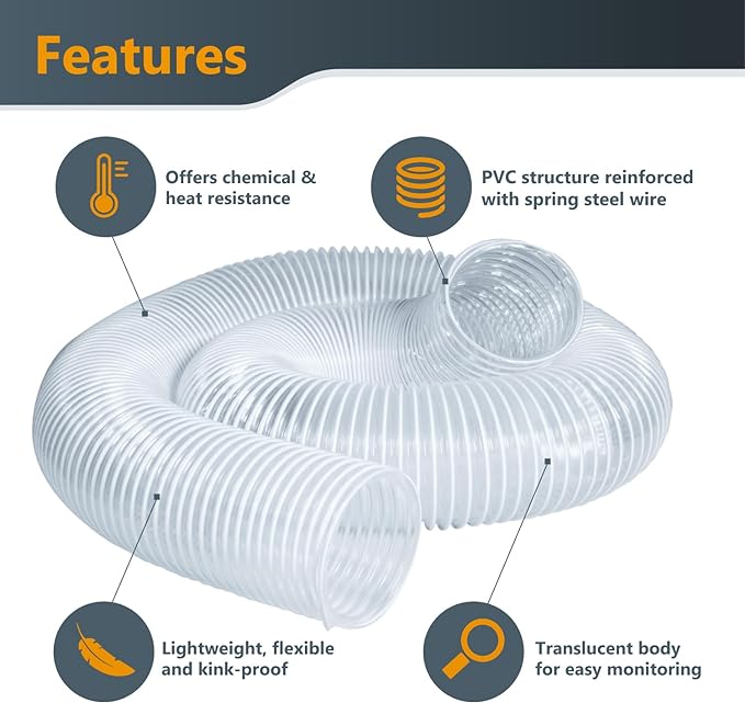 POWERTEC 3" x 5' PVC Flexible Dust Collection Hose with 2pcs Stainless Steel Key Hose Clamps for Table Saw, Planer, CNC Machine, Radial Arm Saw, Woodworking & Wood Shop Dust Collection System (70392)