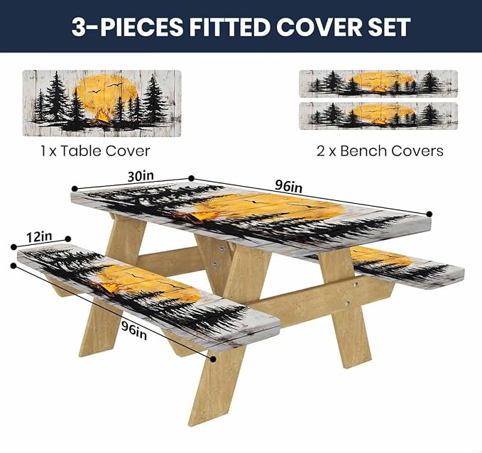 CAPSCEOLL Fitted Picnic Table Cover with Bench Covers with Elastic 8Ft Waterproof Picnic Table Cloths Windproof Outdoor Camping Tablecloth with Drawstring Bag, 96X30in, Camping on Wood