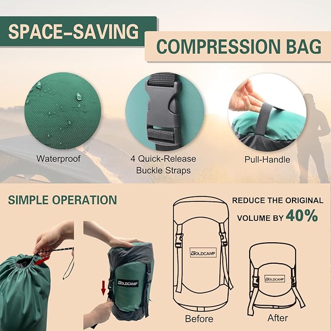 GOLDCAMP Compression Sack, 40% More Storage! 18L/30L/43L/49L/65L Compression Stuff Sack, Waterproof & Ultralight Sleeping Bag Stuff Sack - Space Saving Gear for Camping, Hiking (Green, L)