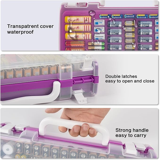 Battery Organizer Storage Holder Case with Double-Sided, Garage Box with Tester Checker. Batteries Container for 269pcs AA AAA AAAA 3A 4A 9V C D Lithium 4LR44 CR2 CR123A CR1632 CR2032 18650 - Purple