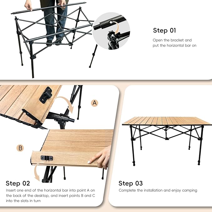 Camping Table Folding Camp Table Roll Up Surface Lightweight, Collapsible Height Adjustable Suitable for Picnic Adults with Carry Bag for Indoor Outdoor BBQ Picnic Gathering Patio