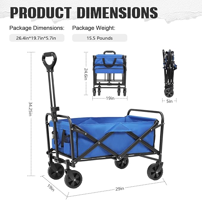 Beach Wagon with Big Wheels for Sand,Collapsible Folding All Terrain Utility Wagons Carts Foldable with Brakes for Sand Camping Sports Outdoor.