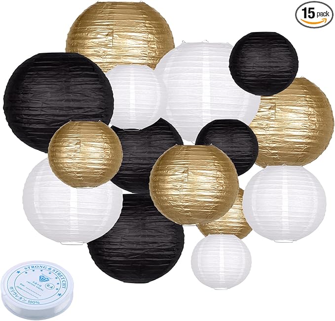 15pcs Paper Lanterns Black Gold Round Hanging Chinese Paper Lanterns 4" 6" 8" 10" 12" for Bachelorette Engagement Wedding Baby Bridal Birthday Party Decorations