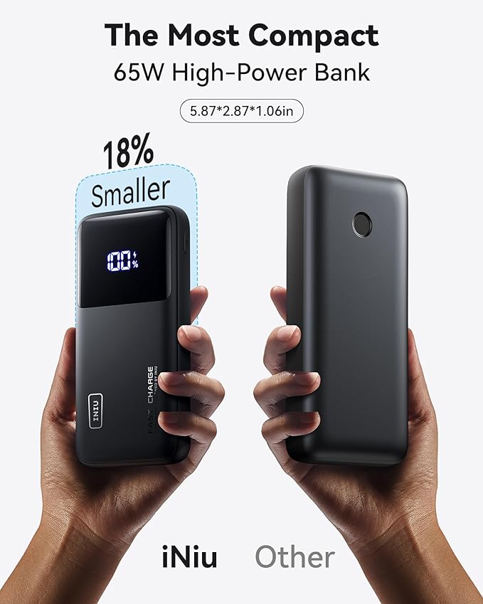 INIU Portable Charger, 20000mAh 65W Compact USB C Laptop Power Bank, PD QC Fast Charging 3-Output Battery Pack, Travel Charger for Laptop MacBook iPad Tablet Steam Deck iPhone 17 16 15 14 Samsung S24