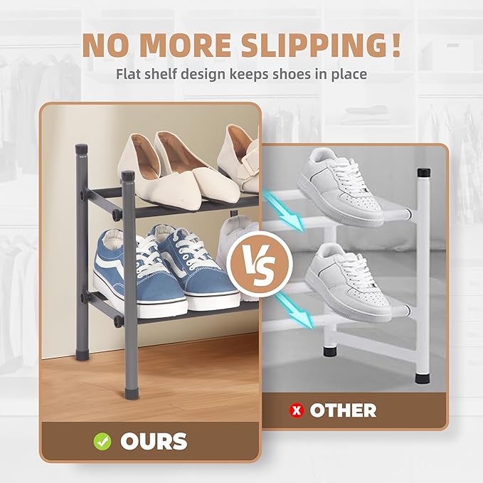 STORAGE MANIAC Expandable Shoe Rack, 8 Pairs Stackable Small Shoe Rack, Metal Adjustable Shoes Organizer for Closet, Entryway, Hallway, Garage, Front Door, Shoes Shelves, Black 2 Tier