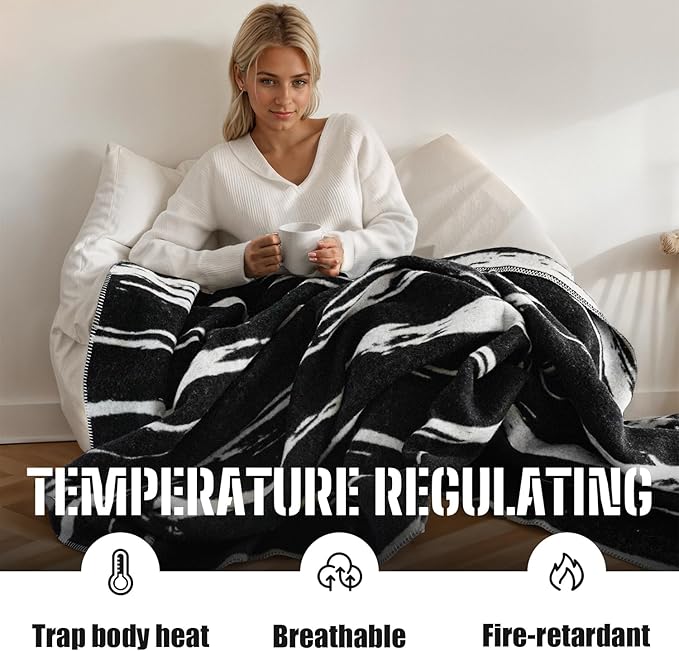 100% Wool Blanket, 48" x 62", Warm, Thick, Washable, Military Wool Blanket, Great for Camping, Outdoors, Sporting Events, Survival Kits,Black White Striped