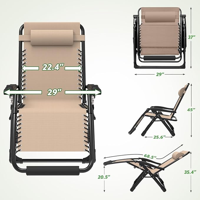 ZENPETIO 29In XL Zero Gravity Chair w/Cushion, Zero Gravity Recliner Lounge Chair for Indoor and Outdoor, Reclining Camping Chair for Lawn, Anti Gravity Chair with Cup Holder and Footrest, 440LBS