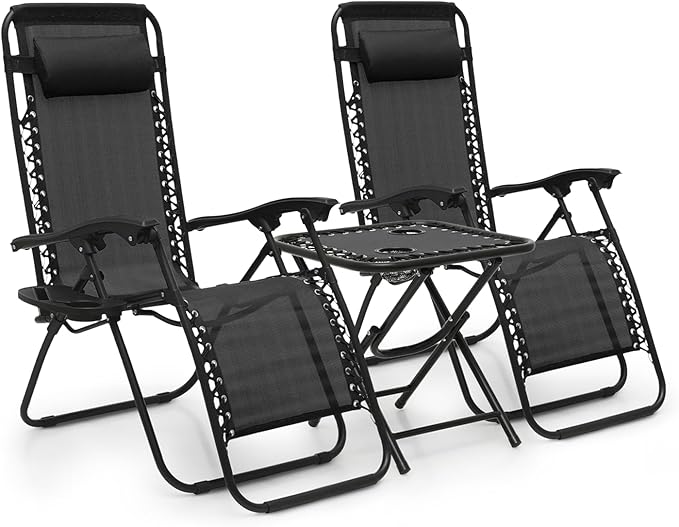 MoNiBloom Table and Patio Chairs Set of 3, Outdoor Adjustable Zero Gravity Folding Breathable Mesh Reclining Lounge Chairs with Pillow and Side Tray, 330lbs Capacity - Black