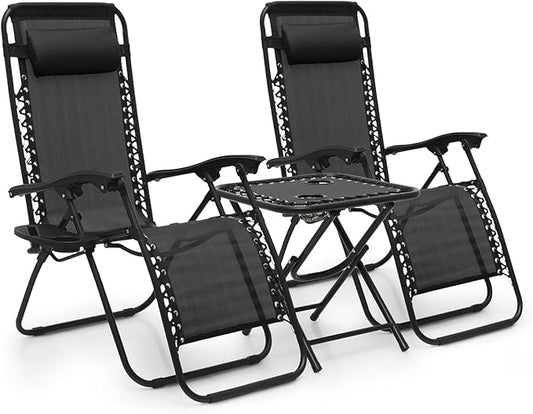 MoNiBloom Table and Patio Chairs Set of 3, Outdoor Adjustable Zero Gravity Folding Breathable Mesh Reclining Lounge Chairs with Pillow and Side Tray, 330lbs Capacity - Black