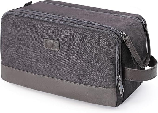WANDF Toiletry Bag for Men Travel Toiletry Organizer Canvas and Leather Dopp Kit Water-Resistant Shaving Bag for Travel Accessories (Grey, Large)