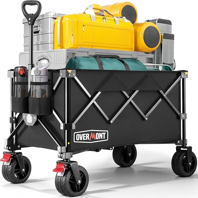 Overmont Ultra-Compact Collapsible Wagon Cart -200L Portable Folding Wagon with All-Terrain Wheels Utility for Beach, Grocery Shopping, Camping, and Gardening – 330lbs Load Capacity Black