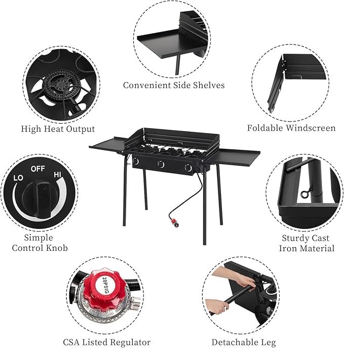 Bonnlo 3 Burners Propane Gas Stove, 225,000 BTU Portable Outdoor Camp Cooker Stove with Regulator, Side Shelves, Foldable Windpanel, Adjustable Height & Carrying Bag for Backyard, Camping, Tailgating