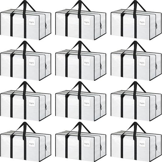 12 Pack Extra Heavy Duty Large Moving Bags with Strong Zipper & Comfortable Handles, Sturdy & Durable Clothes Storage Bags Totes Bins, Packing Moving Boxes for College Supplies, White