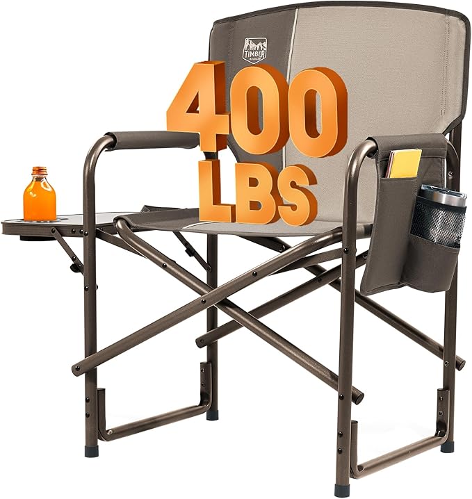 TIMBER RIDGE Aluminum Oversized Camping Chair, Lightweight Portable Directors Chair with Side Table Detachable Side Pocket for Outdoor Camping, Lawn, Picnic, Support 400lbs Tan