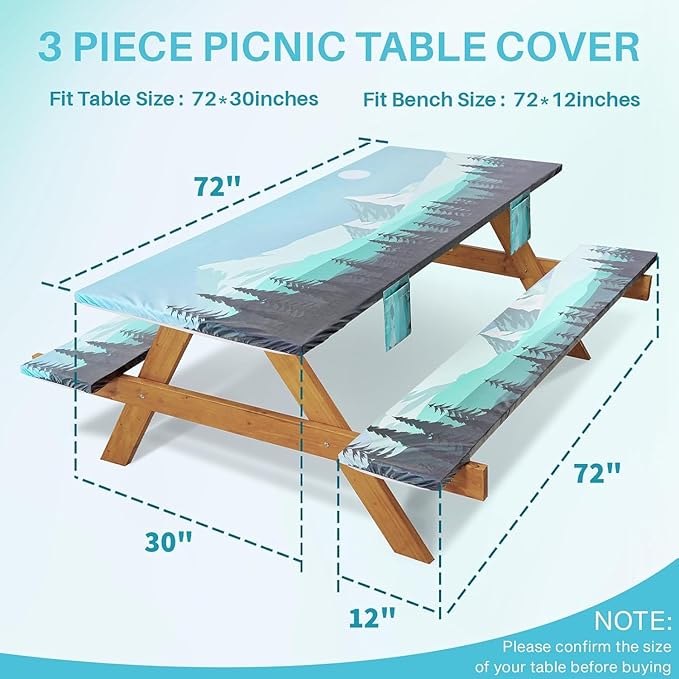 Fitted Picnic Table Cover with Bench Covers Elastic Waterproof Outdoor Camping Tablecloth for 6 Foot Rectangle Tables Camper Summer Accessories Rv Car Essentials Vacation Gifts for Women Men