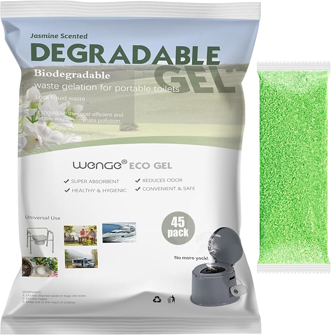 Wenge Portable Toilet Powder, 45Pack Jasmine Scent Pee Powder Solidify Body Fluids in 1 Min, Easy to Port Waste Liquid, for Camping Portable Toilet, Solidifies Urine & Diarrhea in Pet Loo
