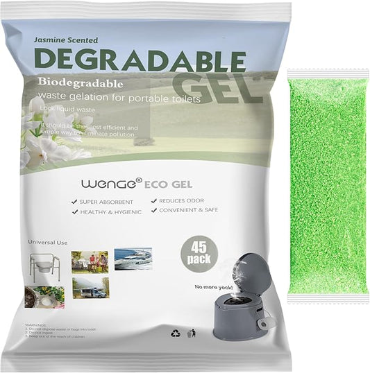 Wenge Portable Toilet Powder, 45Pack Jasmine Scent Pee Powder Solidify Body Fluids in 1 Min, Easy to Port Waste Liquid, for Camping Portable Toilet, Solidifies Urine & Diarrhea in Pet Loo