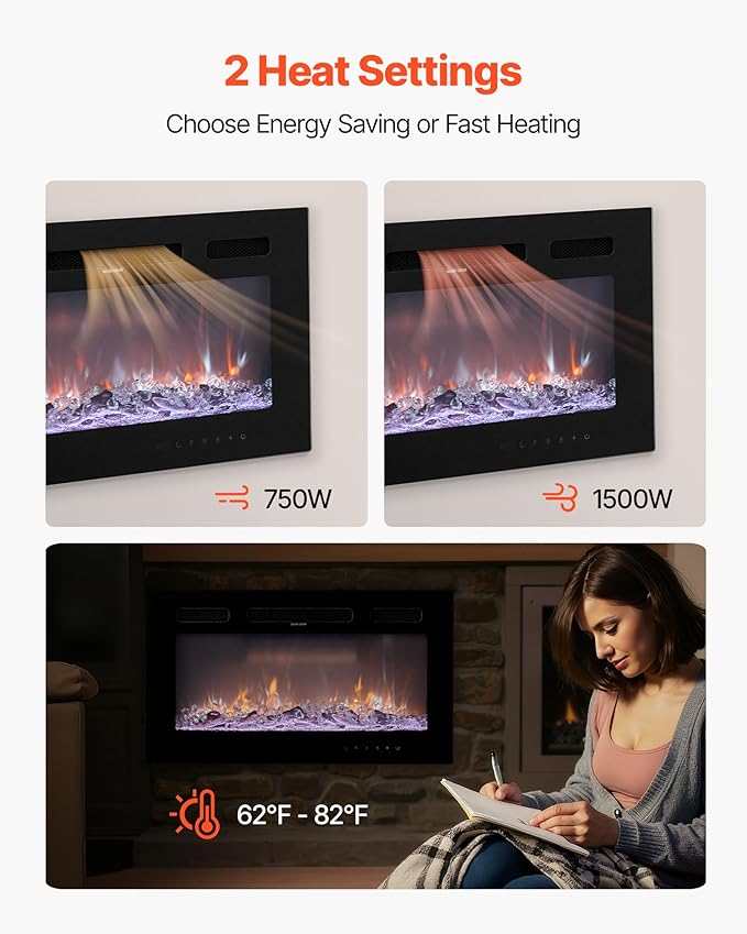 VEVOR 50 inch Electric Fireplace, Wall Mounted Recessed Fire Place with Remote Control, Timer, 1500W, Adjustable Flame Color Brightness, Touch Screen, Overheat Protection, for Living Room,Bedroom