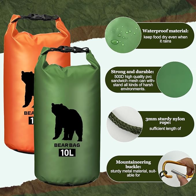 2 Pcs 10L Waterproof Bear Bags with 4 Nylon Ropes, 4 Clips & 2 Rock Pockets & 2 Small Warning Bells for Hanging Food securely. Ultralight Camping Food Bag System.