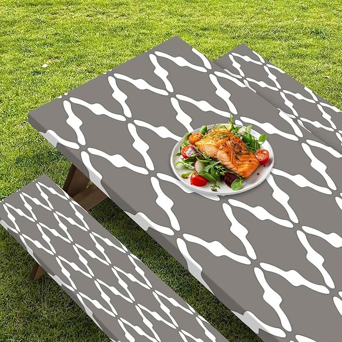 CAPSCEOLL Elastic Picnic Table Cover with Bench Covers 5Ft Waterproof Fitted Picnic Table Cover Cloths for Outdoors Camping Tablecloth with Drawstring Bag, 60X30in, White Grey
