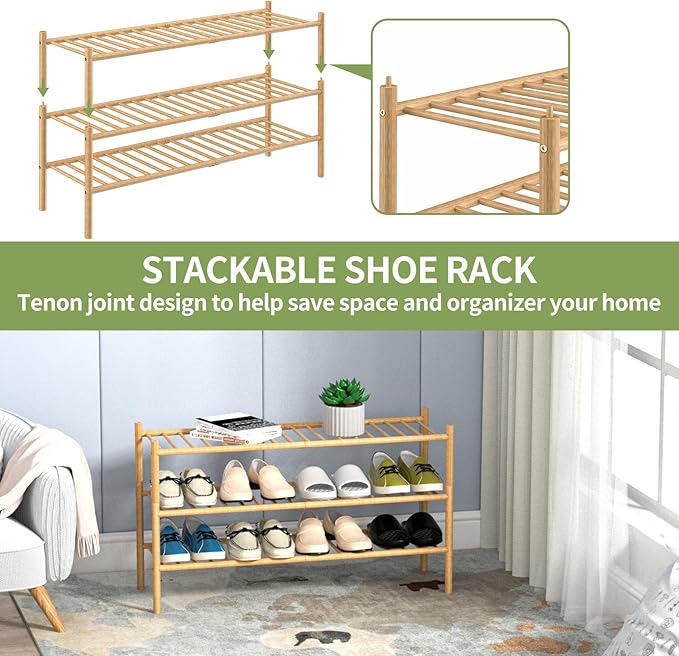 3-Tier Bamboo Long Shoe Rack, Free Standing Wood Shoe Shelf Storage Organizer for Closet Entryway Stackable 35"x11"x20" (Natural)