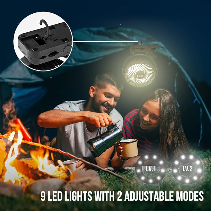 Portable Fan - 65H 12000mAh Camping Fan Rechargeable with Output Ports, Battery Powered Fan with Hanging Hook, Camping Fans for Tents, Rechargable Fa n for Camping, Black