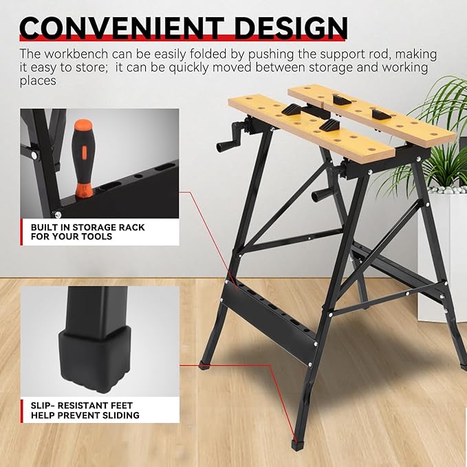 Auto Dynasty Adjustable Workbench with Built-in Ruler & Protractor, 3 Angles Folding Portable Work Table (13"-24"), 220lbs Load Capacity, Multipurpose Vise Workbench for Woodworking, Garage, and DIY