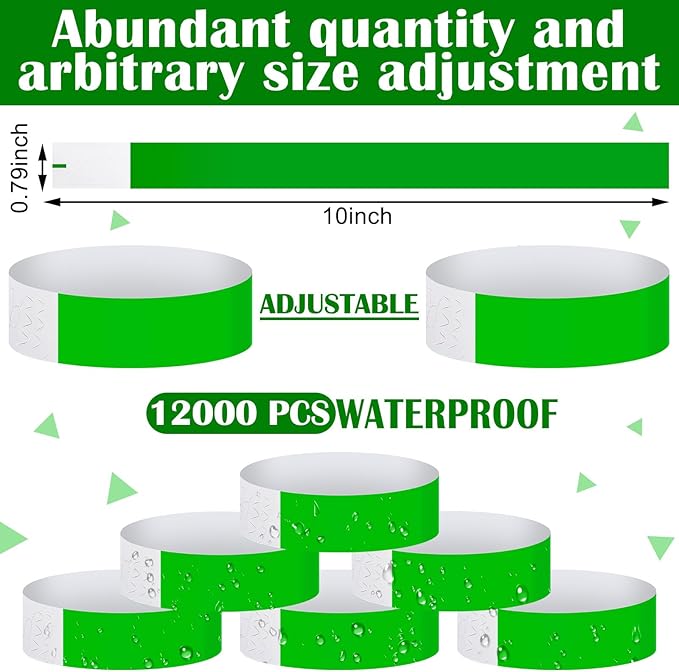 Tudomro 12000 Pcs Paper Wristbands for Events Arm Hand Lightweight Neon Colored Concert Party Wristbands Adhesive Paper Bracelets Waterproof(Green)