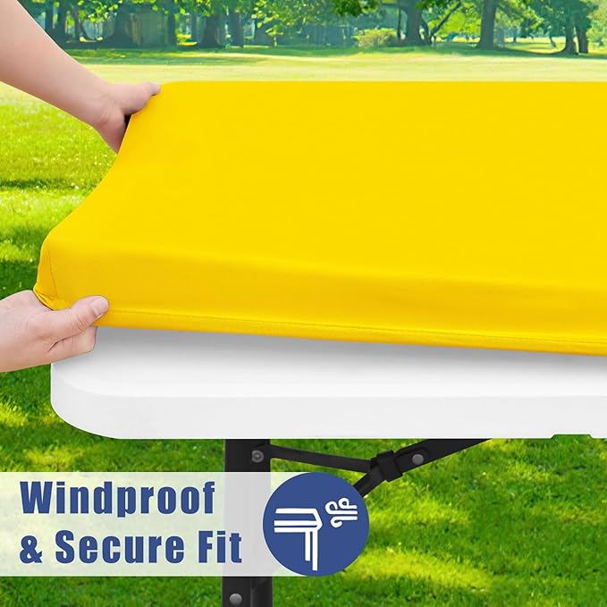 Spandex Picnic Table Cloth 2 Pack, Elastic Fitted Tablecloths for 8 Foot Rectangle Tables, Stretch Washable Patio Table Cover for Outdoor, Camping, Banquet and Parties (Yellow, 30"x96")