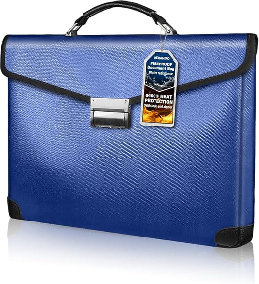 Fireproof Document Bag 14.5"X11"X2.5" Fireproof Money Bag for Cash with Lock and Zipper,Fire&Waterproof Storage Organizer Pouch for Valuables,Legal Document,Laptop,Passport, (Blue)