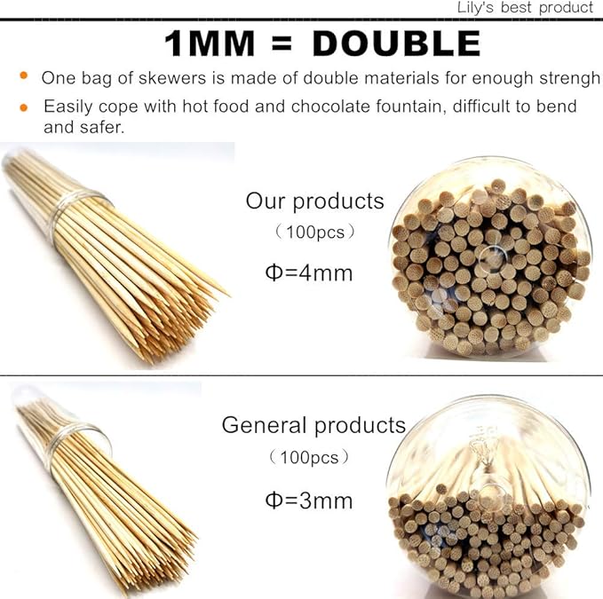 HOPELF 6" Natural Bamboo Skewers for BBQ，Appetiser，Fruit，Cocktail，Kabob，Chocolate Fountain，Grilling，Barbecue，Kitchen，Crafting and Party. Φ=4mm, More Size Choices 8"/10"/12"/14"/16"/30"(100 PCS)
