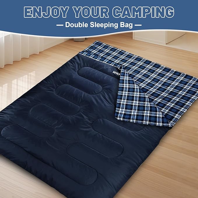 Double Sleeping Bag for Adults Machine Washable 2 Person Camping Sleeping Bag Queen Size Waterproof with Compression Sack for Cold Weather 3-4 Seasons